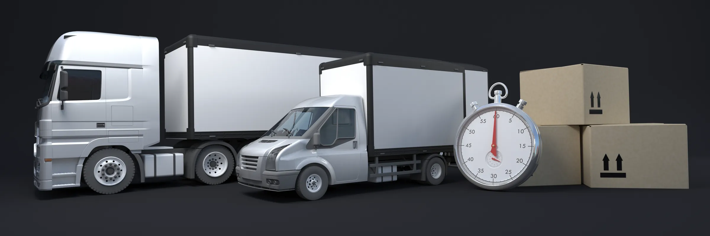 LKW mit Kartons und Stoppuhr — Symbolbild für unsere Flotte
